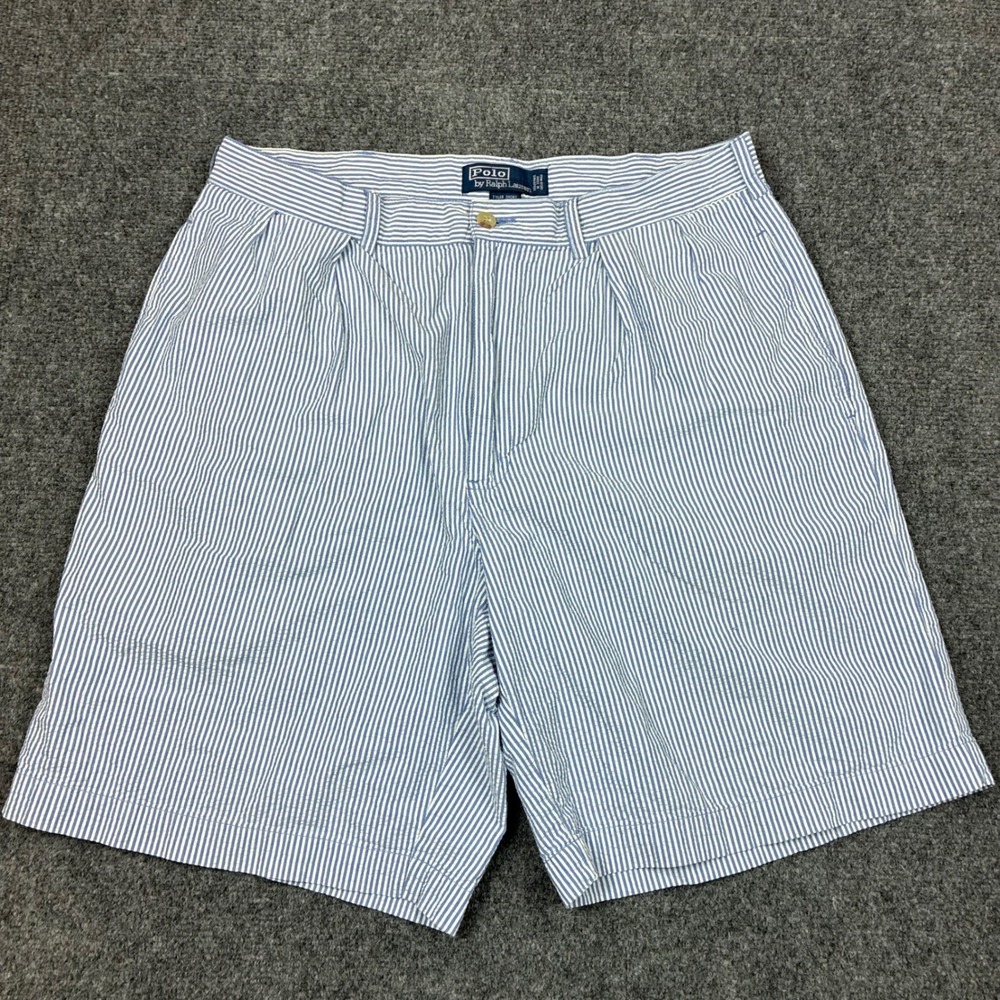 Polo Ralph Lauren Tyler Short Mens Size W34 Blue White Seersucker Striped Pleats